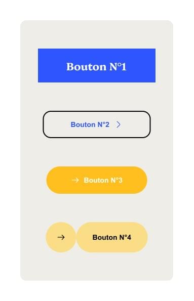 Liste avec 4 boutons. Le 1er : fond bleu avec texte blanc. Le second : fond gris, texte bleu. Le troisième : fond orange et texte blanc. Le quatrième : texte noir sur fond jaune clair.